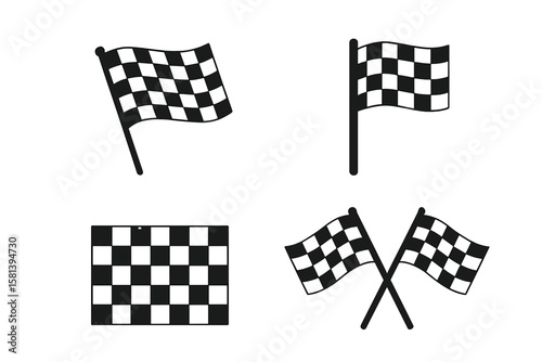 Checkered flag icon set. Sport racing flag for car and motorbike competition. Race finish line and start symbol. Waving chequered flag vector illustration collection.