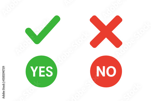 Green check mark and red cross sign icon set. Yes and No circle button symbols for vote, survey, or quiz choice. Approve and reject web interface element vector illustration.