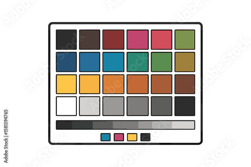Color calibration chart for photography video and design. Color checker passport with swatches. Monitor screen tool for accurate colors. Vector illustration with color palette guide.