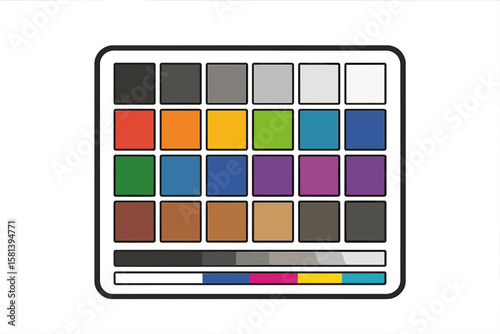 Color checker chart for calibration. Video and photo color correction card with swatches. Monitor profile passport. Color management system tool. Vector illustration symbol.