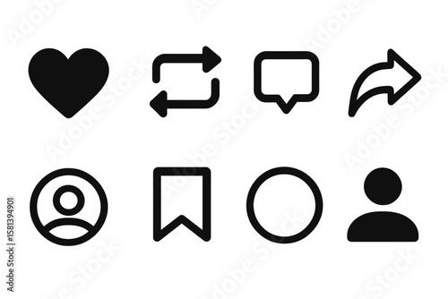 Black Instagram Interface Icon Set. Like, Love, Heart, Repost, Comment, Share, Save, Stories, User Profile Buttons. Social Media Notification Functional Symbols Vector