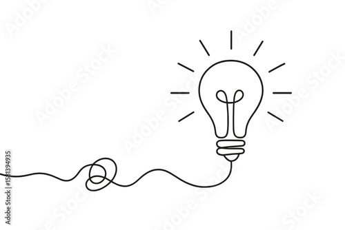 Light bulb outline continuous line drawing, idea concept, creative process, innovation, problem solving, untangled solution, simple business design, minimalist vector art, creativity, inspiration
