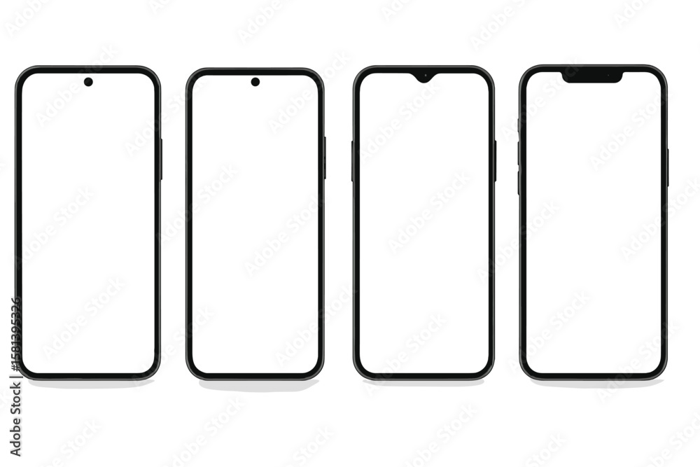 High quality realistic trendy black smartphone models with white empty touch screen and shadow, front view. Detailed 3D mobile phone mockup, modern smartphone design. High quality realistic trendy black smartphone models with white empty touch screen and shadow, front view. Detailed 3D mobile phone mockup, modern smartphone design.