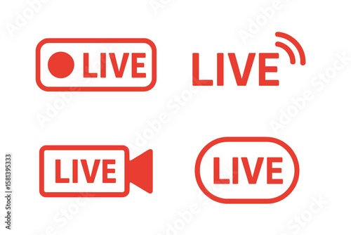 Set of live streaming icons, video broadcasting and streaming buttons, red symbols for TV, news, movies, shows, vector transparent PNG, digital media, online broadcast