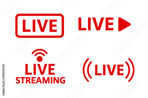 Set of live streaming icons and video broadcasting buttons, red symbols for TV, news, movies, shows, vector transparent PNG, modern digital media and streaming