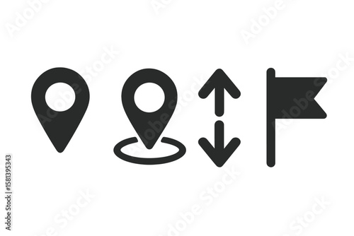 Set pin map marker pointer icon, GPS location flat symbol, navigation arrows and flag signs, vector transparent PNG, vector illustration, digital map elements, geolocation