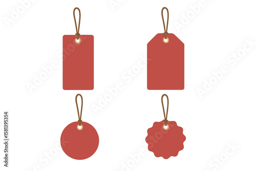 Red Paper Price Tag Set, Blank Sale and Gift Labels with Cord, Realistic Shop Badge Collection, Retail Discount Tags, Shopping Label Templates, Isolated Vector Illustration