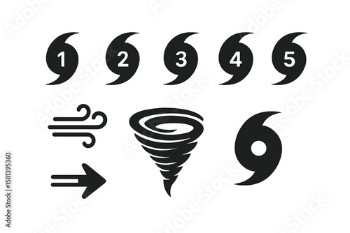 Set scale of hurricanes from one to five, wind storm signs, tornado funnel set, isolated hurricane symbols, typhoon vortex collection, cyclone icons, tropical storm symbols