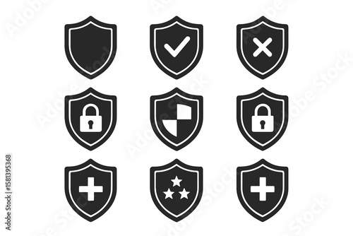 Shield icons set, protection signs collection, security symbols, safety emblems, vector transparent PNG, vector illustration, defense badges, secure shield graphics, protection icons