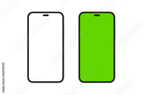 Realistic Smartphone Mockup Set with Blank White and Vibrant Green Touch Screen, Isolated 3D Mobile Phone Model, Shadow Effect, Transparent PNG, Vector Illustration