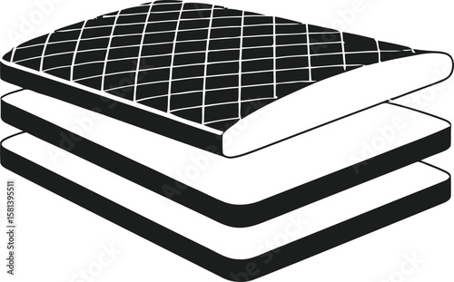 Layered mattress cross section with quilted top and clean white base layers