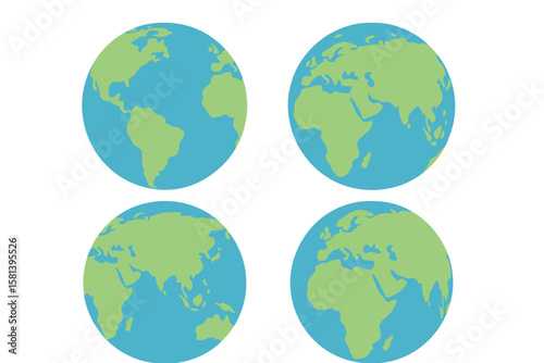 World icon flat set, Earth icons collection, globe hemispheres with continents, detailed world maps, transparent background, vector illustration