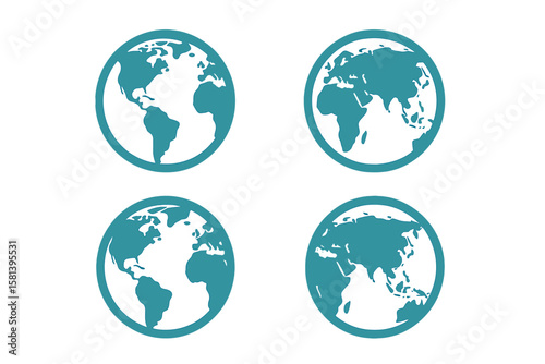 World icon flat set, Earth globe icons collection, hemispheres with continents, detailed world maps, transparent PNG and vector illustration, global geography symbols
