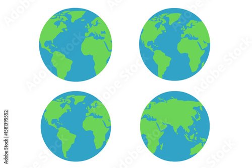 Flat Earth Globe Icon Set, World Map Hemispheres, Continents, Global Geography, Transparent PNG Vector Illustration, International Travel, Education, Environment, Cartography