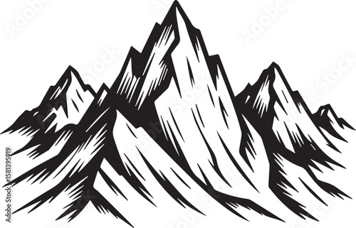 Black and white vector illustration of mountain range silhouette featuring snowy peaks