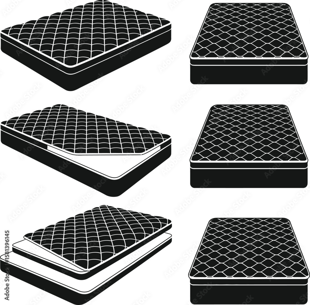 Naklejka premium Collection of black and white mattress illustrations in various perspectives