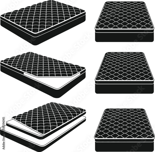 Collection of black and white mattress illustrations in various perspectives