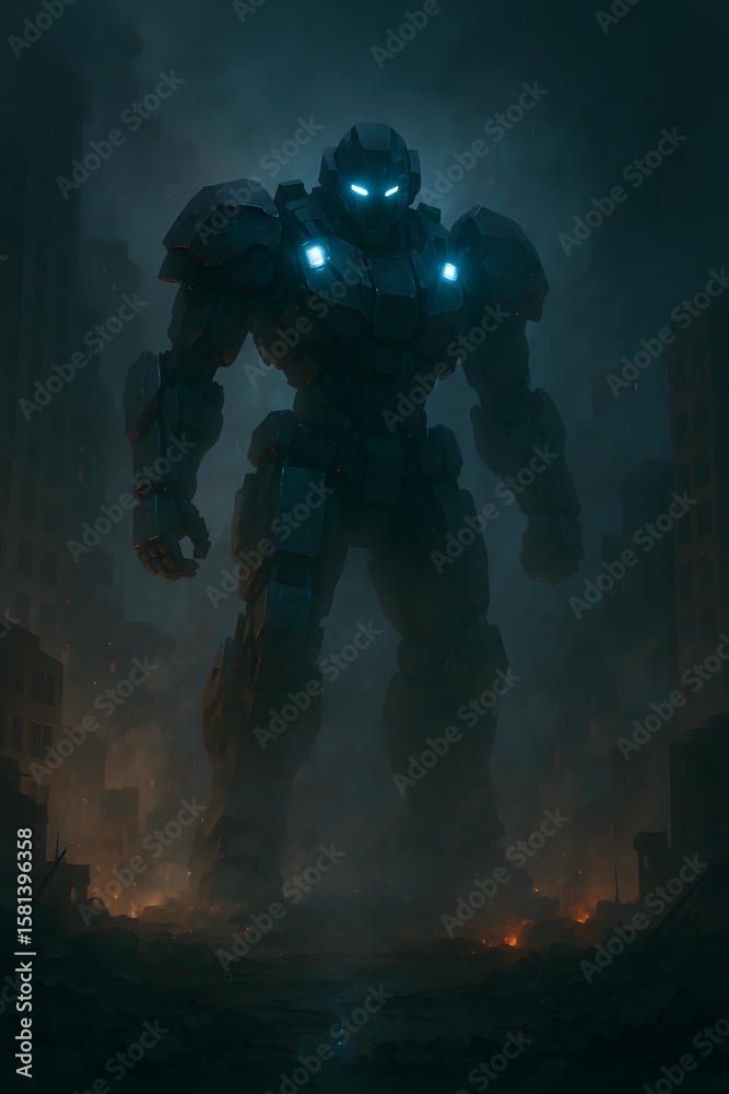 Fototapeta premium Giant Robot Standing in a Destroyed City at Night