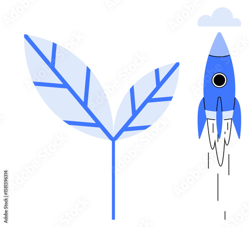 Large stylized leaf and blue rocket launching upward, symbolizing growth, environmental focus, and innovation. Ideal for sustainability, eco-tech, progress, entrepreneurship, green energy