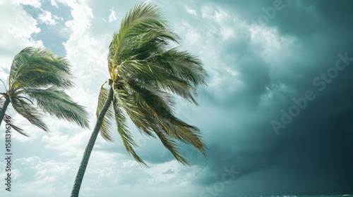Tropical palm trees bending in strong wind under stormy sky with dark clouds and rough weather atmosphere