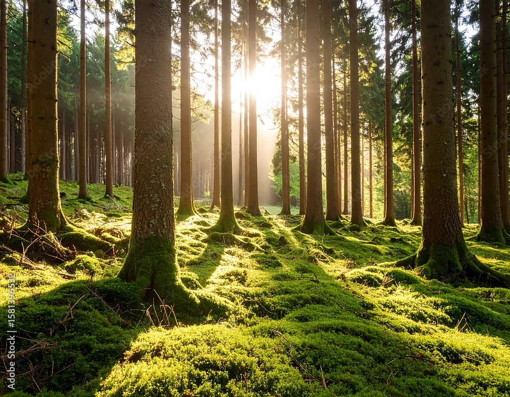 Obraz premium Sunlight streams through a dense forest (7)
