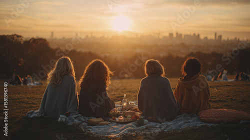 Fototapeta Naklejka Na Ścianę i Meble -  Four friends sitting on ground facing away, enjoying peaceful sunset and city skyline view from grassy hill. Relaxing outdoors together, capturing moment of serene freedom