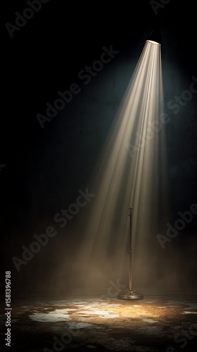 Empty Stage Spotlight on Microphone in Dark Room with Dust Particles