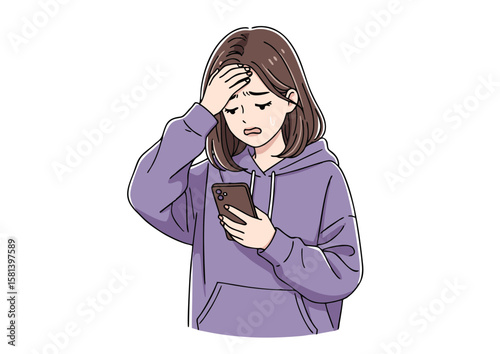 Anxious Young Woman Holding Phone Expressing Worry and Stress.