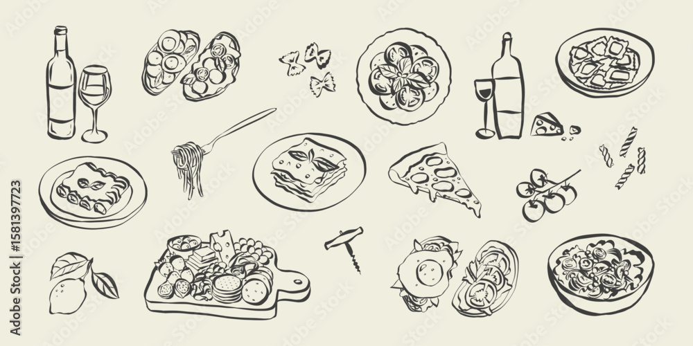 Whimsical chalk doodles of italian food. Quirky icons of breakfast and dinner meals in crayon style. Crayon drawing for menus and invitations. La dolce vita italian vector illustration