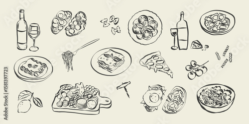 Whimsical chalk doodles of italian food. Quirky icons of breakfast and dinner meals in crayon style. Crayon drawing for menus and invitations. La dolce vita italian vector illustration