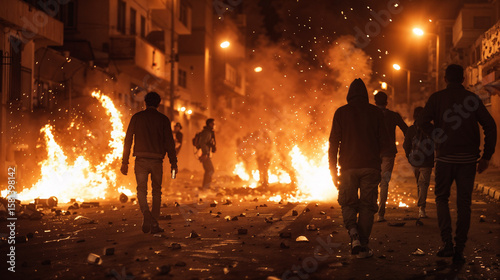 Dark nighttime street scene with blurred figures walking away from large, fiery explosions and scattered debris, suggesting vandalism and unrest. Crime in the city