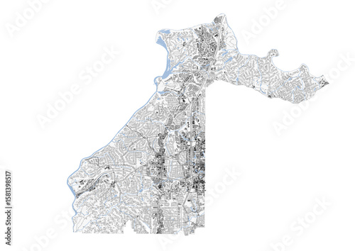 Vector map of Sandy Springs, GA: showcases layered infrastructure with detailed building outlines, clear highway network, and significant Chattahoochee River/stream systems