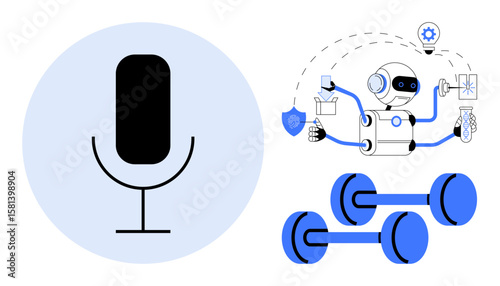 Robot using multiple tools with fitness gear and microphone showcasing AI, health, and innovation. Ideal for AI, fitness, automation, creativity, productivity health and technology. Simple flat