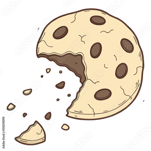 Bitten chocolate chip cookie with crumbs vector art