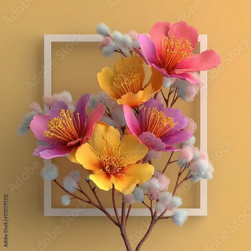 Floral Elegance: A vibrant arrangement of blossoms in shades of pink and yellow is gracefully framed within a pristine square, creating a perfect harmony of color and composition.