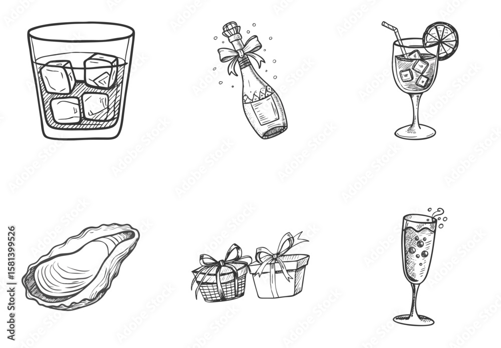Hand-drawn sketch icons of whiskey glass, champagne bottle, cocktail with ice, oyster, gift boxes and sparkling drink in black-white comic style. Concept: festive set, party design, celebration elemen