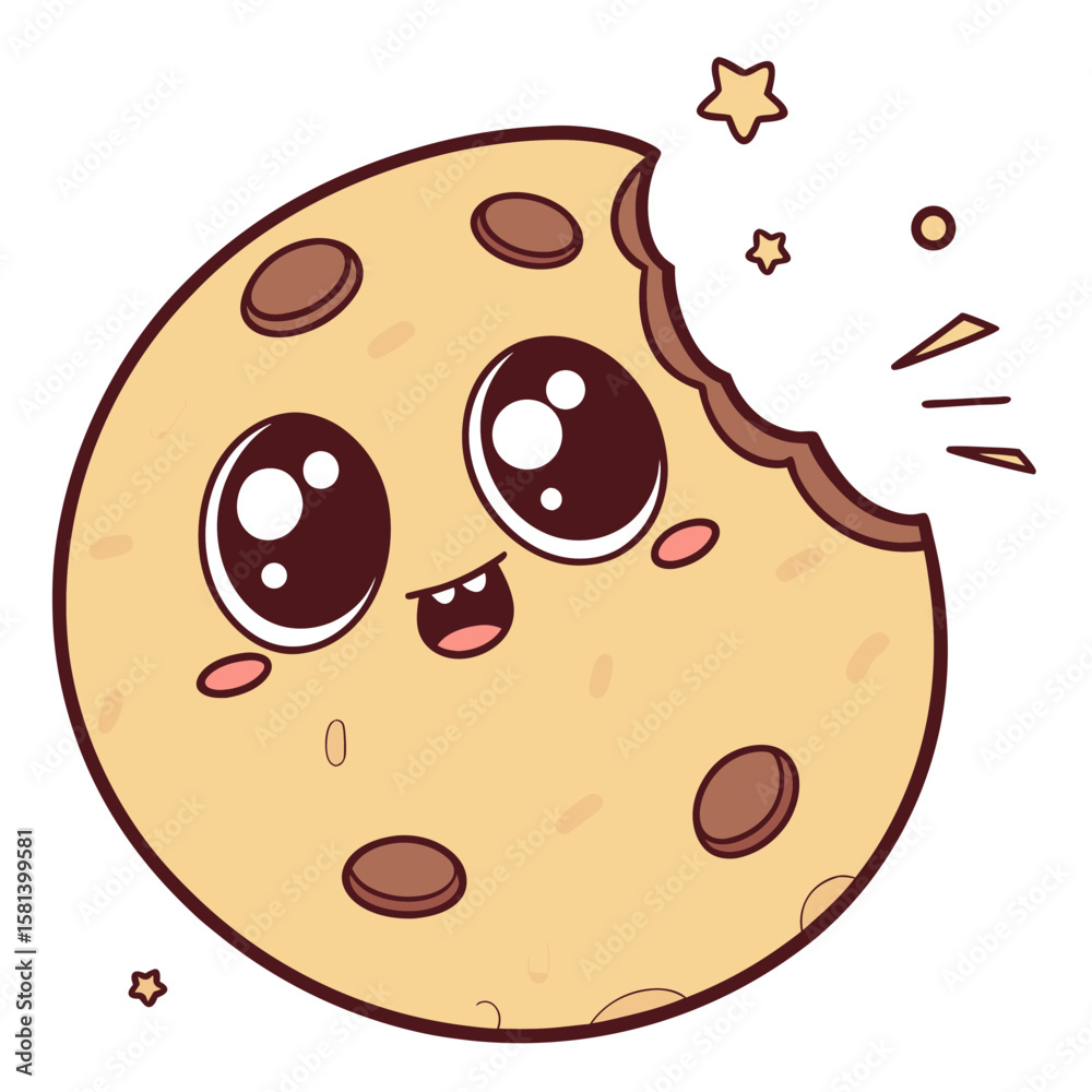Obraz premium Cute cartoon chocolate chip cookie with a bite taken out vector art