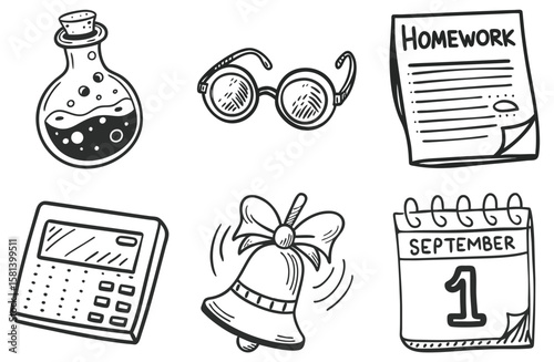 Hand-drawn sketch icons of school flask, glasses, homework sheet, calculator, bell and calendar in black-white comic style. Concept: back to school, academic start, student essentials