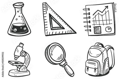 Hand-drawn sketch icons of school supplies: flask, triangle ruler, chart notebook, microscope, magnifier, backpack in black-white comic style. Concept: school science, learning tools, education set