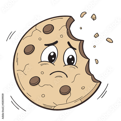 A sad cartoon chocolate chip cookie with a bite taken out vector art
