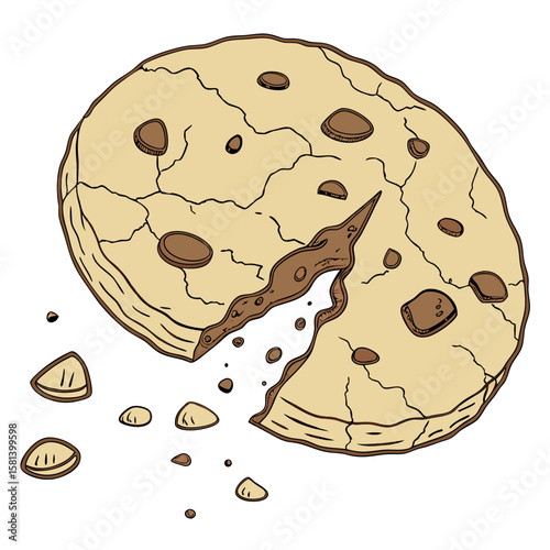 A chocolate chip cookie with a bite taken out and crumbs vector art