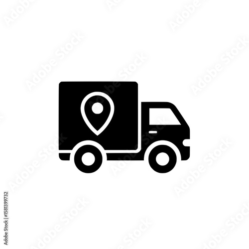 Icon of a truck with a location symbol representing shipment tracking or delivery route logistics