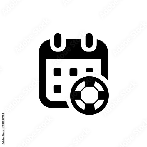 Black icon of a calendar with soccer ball representing game schedule, event planner, or sports matches