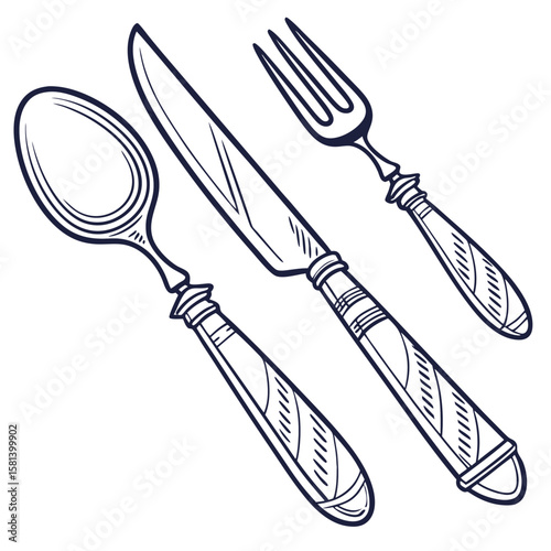 A vintage set of cutlery including a spoon, knife, and fork vector art