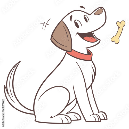 A happy cartoon dog sitting and looking at a bone, isolated on white vector art