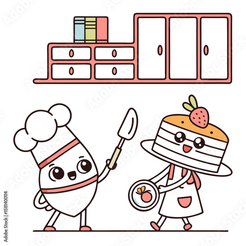 Cute chef character and cake character in kitchen vector art