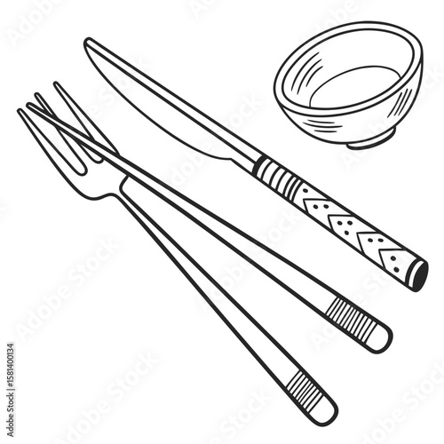 Simple cartoon cutlery and bowl isolated on white background vector art