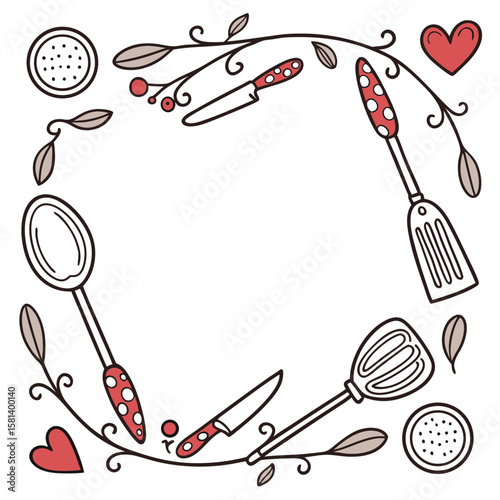 Whimsical kitchen utensils and decorative elements border vector art