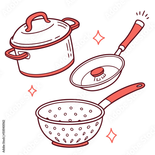 A collection of kitchenware including a pot, pan, and colander vector art