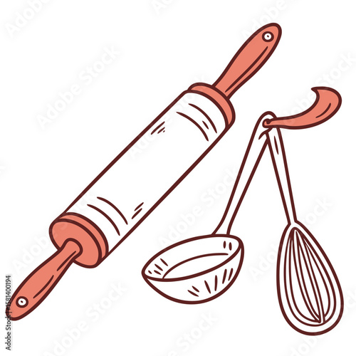 A rolling pin, ladle, and whisk for baking and cooking vector art